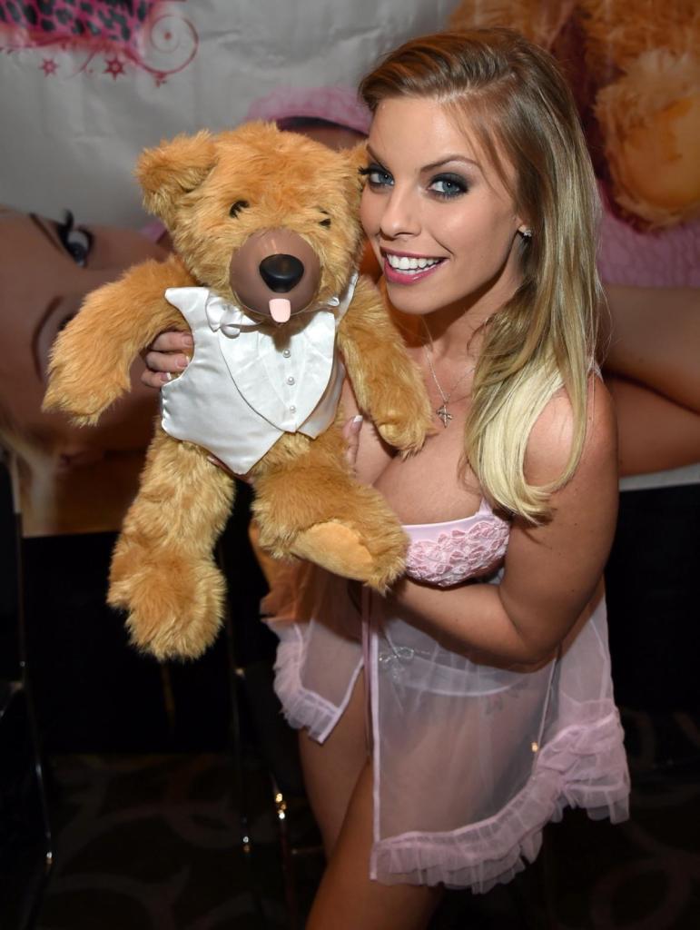 Britney Amber displays new Teddy Love Bear toy that features vibrating nose and tongue 